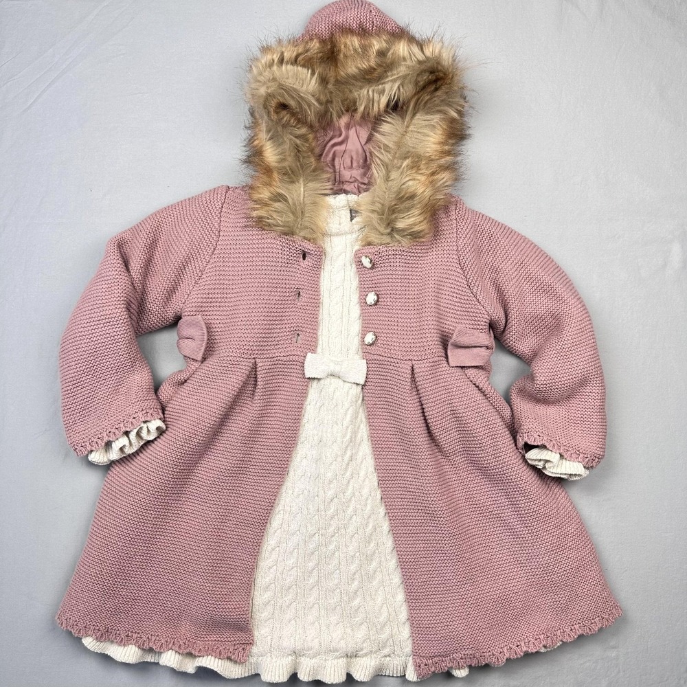 Tahari Coat Sweater Dress Set Girls 4T Faux Fur Hood Bow Knit Winter Outfit‎